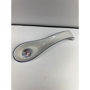 Ceramic Snowman Spoon Rest White Blue Trim Winter Holiday Kitchen